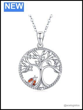 Sterling Silver Tree of Life Ladybug Pendant Necklace 18" Rolo Chain